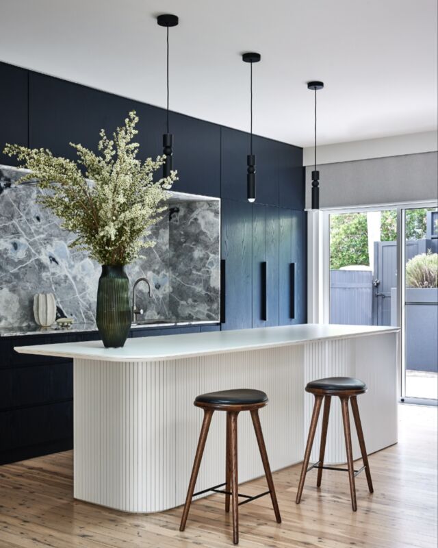 Don’t be afraid of bold colours. This deep Blue/Indigo kitchen and White Island make a statement. Be Brave!  Designed by @_meredithclark Builder @nuebelle__ made by us and beautifully captured by the one and only @_pabloveiga